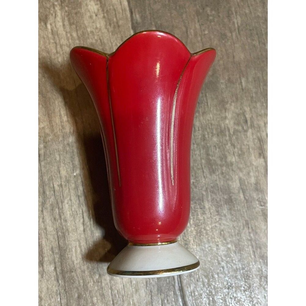Florencia Mini Bud Vase Red Gold Trim Made in China 3"